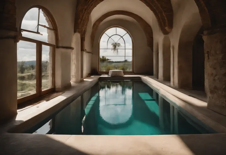 medieval swimming pool, daytime, concrete, rectangle skylight 