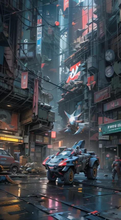 ((A visually immersive Cyberpunk Mecha action scene:1.4)) brought to life with 
((Deep and intricate textures, reminiscent of a semi-realistic caustic art style))
inspired by the iconic DC Comics covers in the 90s. This work of art will be a 
Stunning digi...