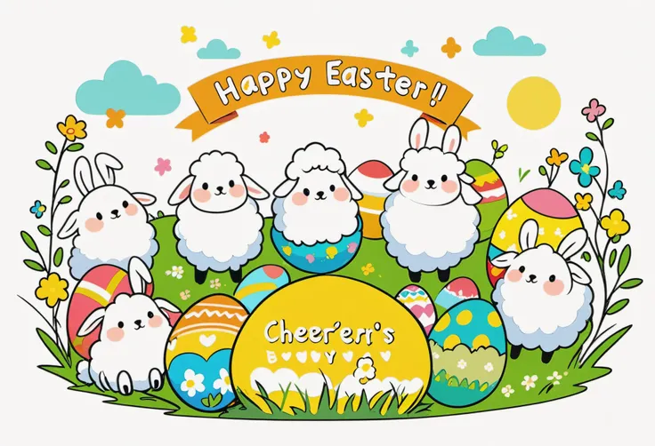 cheerful and funny illustration, multiple characters, doodle style, flat style, easter eggs, easter bunnies, sheeps,boys and girls