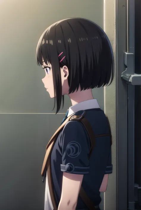  exposed back, upper body, bob hair, short hair, short bob hair, bob cut, haircut, undercut, bobbed hair, minibob, hairclips, purple eyes, lycoris uniform