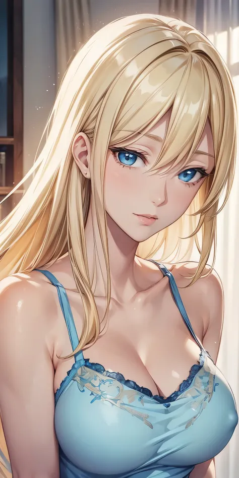 portrait, anime cg, blue eyes, blonde hair, transparent camisole, see through nipple, 4k resolution, high quality cg, beautiful cg, soft light