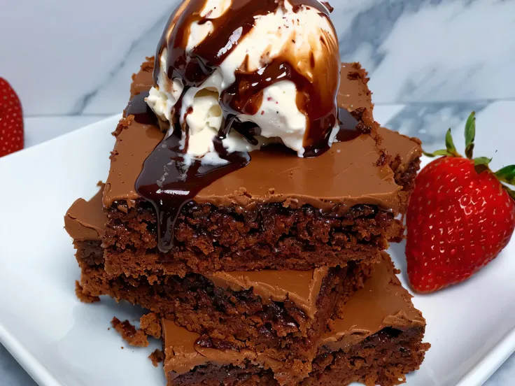 there is a piece of chocolate cake with ice cream and a strawberry, smothered in melted chocolate, chocolate frosting, gooey, some chocolate sauce, dessert, chocolate sauce, decadent, absolutely outstanding, overflowing, yummy, chocolate. rugged, chocolate...