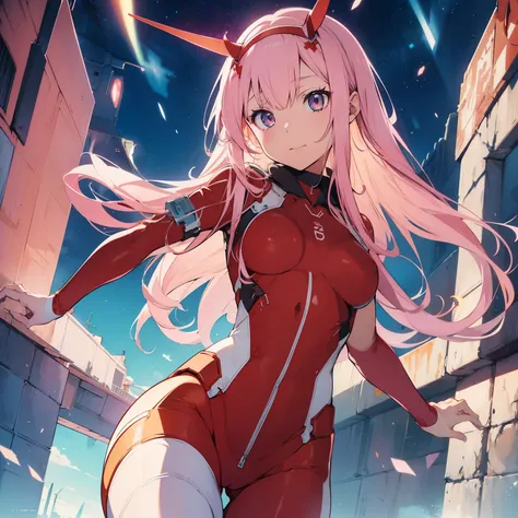 Masterpiece, top quality, best quality, official art, beautiful and aesthetic, anime, 1girl, Zero Two, extremely detailed, colorful, more detailed ((ultra-detailed)), (highly detailed CG illustration), solo, pink hair, pair of horns, verd s eyes, long hair...