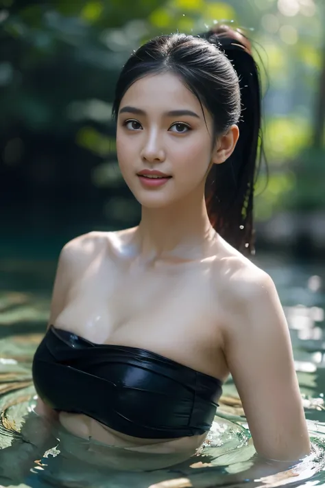 beautiful girl ,Thai Female Warrior, bathing in a swiming pool at the forest, dynamic poses, smile, Red and black strapless shirt, Long ponytail,black eyes,abdominal muscles,plumpy body, rounded breast, (medium breast:1.3), cleavage, Morning sunshine,Eyes ...