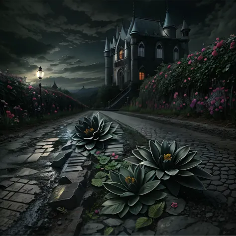 A black flower on the broken road，new moon，town，The light is very dark，gothic style（（best quality））， （（intricate details））， （8K）