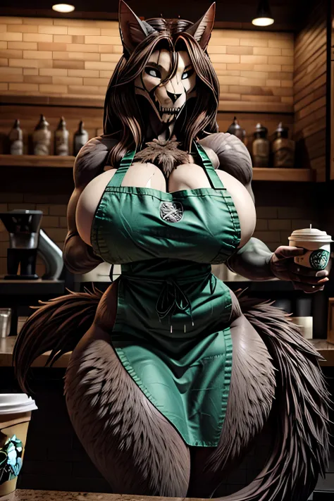 uploaded on e621, explicit content, (cutesexyrobutts,cervina_7, sana!rpg, sligarthetiger), (furry, anthro:1.2), hourglass figure, female, cute, solo,MalO, Starbuck, casher, barista, Starbucks apron, large breasts, natural breasts, tail, tall, happy expresi...