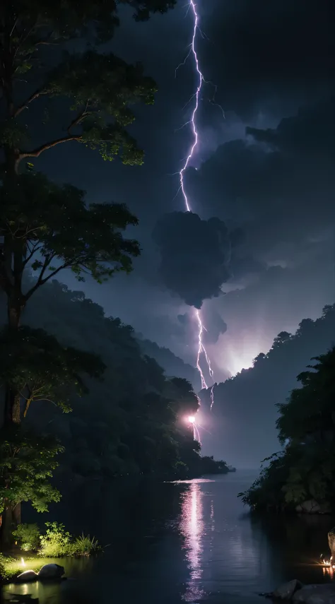 Fuchsia moon，full moon，Pitch black sky，heavily clouded，lightning and lightning，downpour，reflecting waterfall，creek，In the forest（Delicate lightning）（Moonlight diffusion）natural elements, Isometric 3D, octane rendering, Ray tracing, Super detailed （no build...