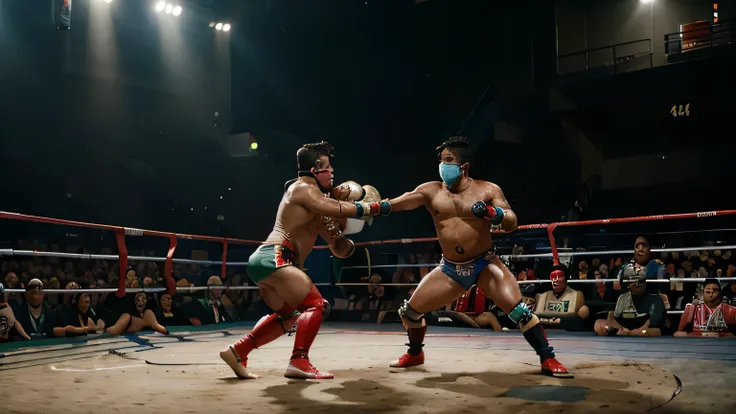 cinematic, 4k, Masked Mexican wrestlers fight in the ring in a typical Mexican plaza