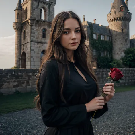 woman, 25 years old, round jaw, long hair, wavy gray hair, red rose in hand, blue eyes, black dress, half body, looking at the camera, looking at the viewer, castle in the background, light background, clear image