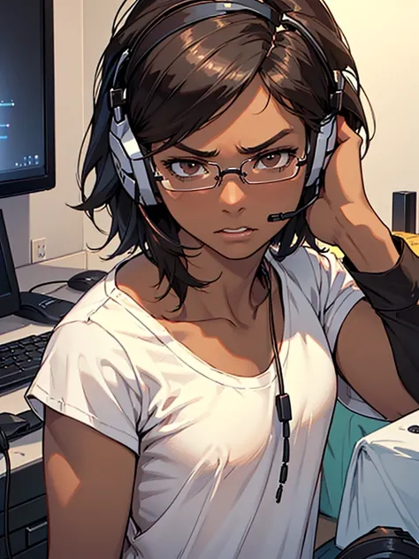 masterpiece, best quality, female, solo, detailed composition, detailed eyes, portrait, (((dark brown skin))), (((black hair))), glasses, beautiful, (((flat chested))), (((brown eyes))), (((wearing plain white t-shirt and gaming headset))), angry face, (((...