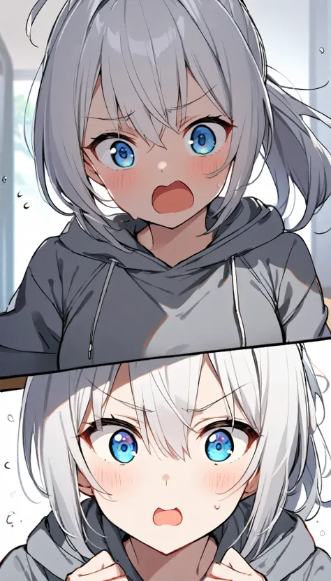 1girl、white hair、ponytail、bright blue eyes、gray hoodie、bust-up