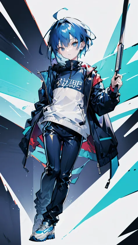 (blue hair,golden highlights,standing pose,upper body in a white windbreaker jacket,lower body in a gray open-zipper jacket,flat chest,short hair,shota,full body,portrait,short stature,long pants),(highres:1.2),vibrant colors,anime art style,painting-like ...