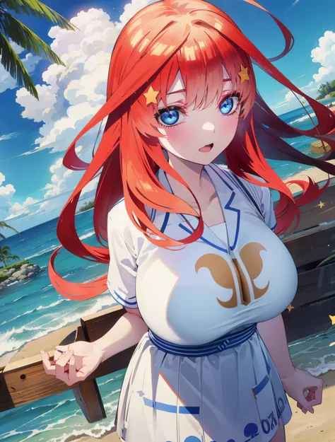 itsukinakano, itsuki nakano, bangs, blue eyes, hair between eyes, Ahoge, redhead, star (symbol), hair ornaments, star hair ornamentsにっこり, smile, open your mouth,big straw hat,red bikini,bare belly, (beach salon),  (beautiful big breasts:1.3), ((salon)), be...