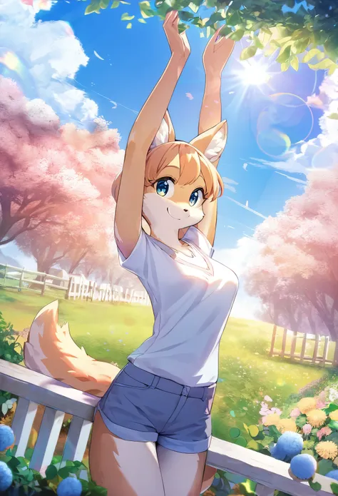 anime key visual, highres, High-quality illustrations, unparalleled masterpiece(movie of life)nature inspired imagery, romanticized views, lively illustrations, whimsical cartoonish, farm, Blue sky, clouds, florals Beautiful garden(furry anthro, solo, girl...