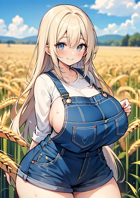 Erotic Anime Illustration、Highest image quality、A plump woman working in a wheat field、perfect proportions、Catch light in the eyes、overalls、Overwhelmingly big breasts beyond the norm、thick legs、cowboy shot、Cheerful smile、big areola、sweating