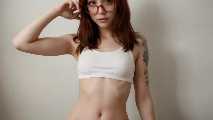 hot pale girl with circular glasses, tattoos, red hair, and small  in a crop top