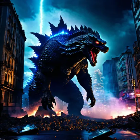 Giant Godzilla creatures, Giant Godzilla beasts, Giant Godzilla monsters, Towering Eiffel, Huge Godzilla aliens, Extraterrestrial Godzilla on a large scale,Majestic Titanium Godzilla, Huge futuristic Godzilla, Giant behemoth, Dystopian cityscape, Apocalypt...