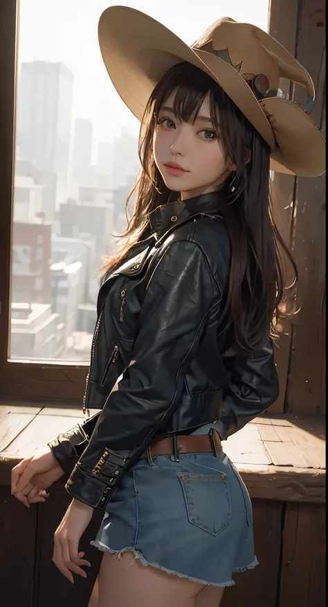 "girl in cowboy hat, leather jacket and denim mini skirt, album cover art：yang j, social trend cg, beautiful witch cowboy, cowgi...