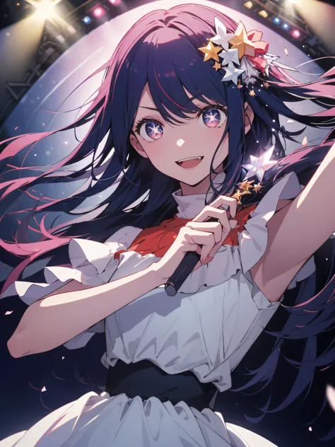 (highest quality、masterpiece、High resolution、detailed)、1 girl, alone, highest quality, masterpiece , Hoshino Ai,  hair ornaments, shining eyes, stars above the eyes, (star in both eyes:1.2), (dress:1.4), (concert 1), on the stage,sing、smile