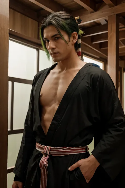 Mishu is a young man who uses two katanas and has some green streaks in his hair that go down to his hairline and wears a black robe with some red stripes. 