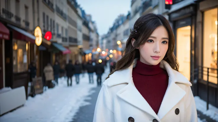 (table top、highest quality、8K、Award-winning work、ultra high resolution)、one beautiful woman、winter、snow scene、that&#39;It&#39;s snowing、(thick white coat:1.2)、（classy red turtleneck knit sweater:1.2)、very romantic and moody、epic movie lighting、(Huge breast...