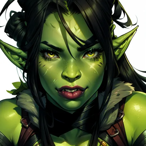 portrait of a sexy female orc with green skin, has tusks, has black hair