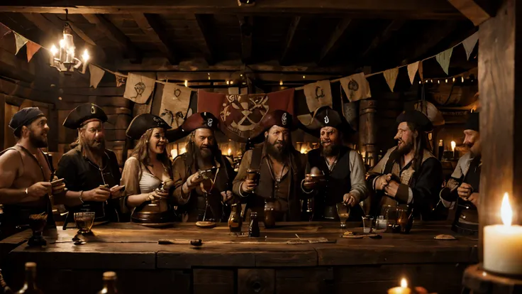 a  group of eleven pirates with barrels of rum in a party in an 18th century tavern,cinematic:1.2),highres,realistic,joyful pirates,celebrating, wooden barrels, flickering candlelight,smoke-filled room,drinking,authentically dressed pirates,crimson curtain...