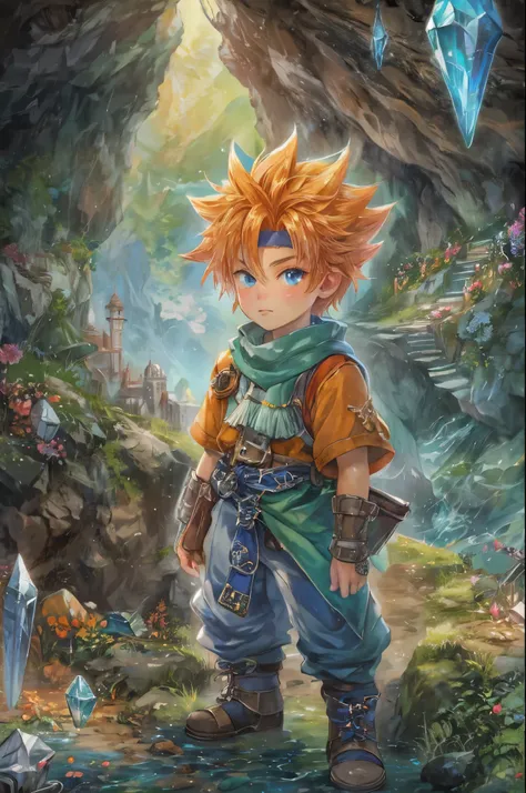 (masterpiece, top quality, best quality, official art, beautiful and aesthetic:1.2), boy, handsome, extreme detailed faces, character from chrono trigger, colorful, highest detailed, (perfect face), shiny skin, HDR, detailed surroundings, inside a cave wit...