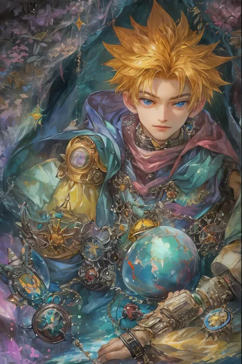 (masterpiece, top quality, best quality, official art, beautiful and aesthetic:1.2), boy, handsome, extreme detailed faces, character from chrono trigger, colorful, highest detailed, (perfect face), shiny skin, HDR, detailed surroundings, inside a cave wit...