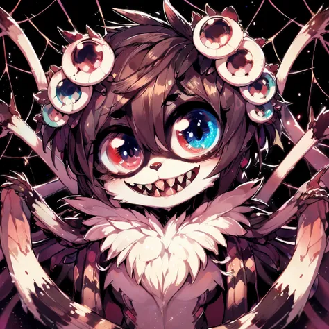 female dragon.spider element. furry. compound eye. sanpaku. double teeth. candy color. insect fung. spider web. anime style.