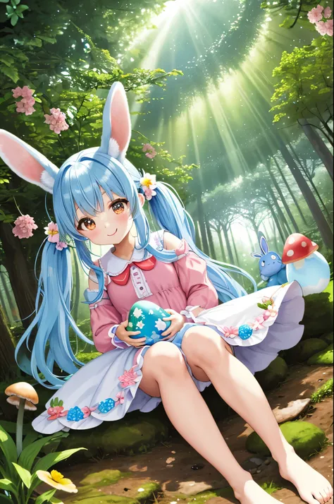 【best image quality】A fairyland full of flowers　light blue long hair、Cute girl with twin tails　There are lots of flowers at my feet　Easter　A rabbit brings a big egg　rabbit ears　Dynamic mode　In a forest full of flowers　Celebrating Easter with forest animals...