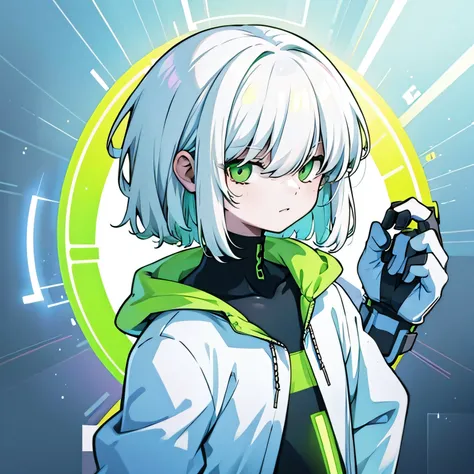 A boy with white hair over eyes with electric green gradient and electric green eyes 