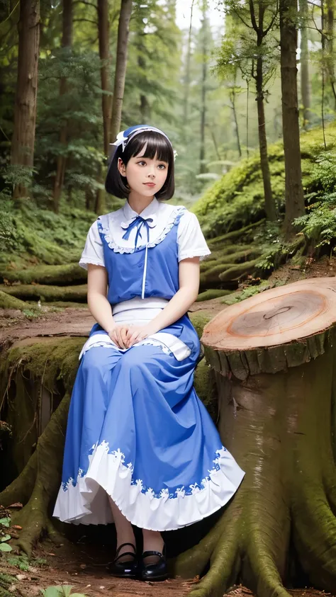 (alice in wonderland), 1-9-3, (He wears a large triangular ribbon on his head..), short hair, young woman, gentle smile, colorful clothes, (in the deep forest, There is a large stump, fractal pattern:1.46)
