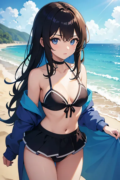 anime girl wearing a bikini at the beach looking at viewer