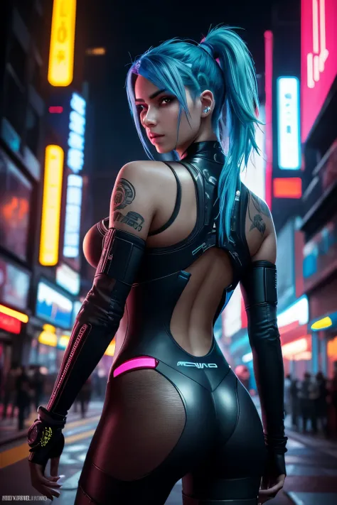 A breathtaking cyberpunk scene captured in a high-resolution photograph, featuring a stunning European girl immersed in the futuristic world of Cyberpunk 2077. With her vibrant neon blue hair cascading down her back, she exudes an aura of edgy sophisticati...