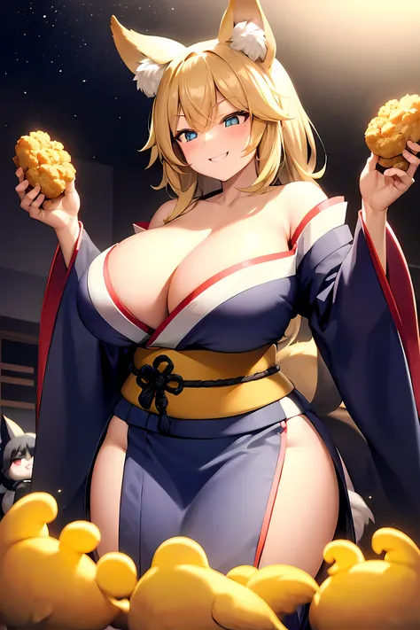 big woman, Kitsune, Lange black, White, lila, blaue Haare, Stacheliger Stil, schwarze Augen, Sonnen- und Mondohren, Flauschige Ohren backen, schwarze flauschige Taiks neun, Huge breasts, traditional oversized kimono, Galaxie im Weg, Best quality, Meisterwe...