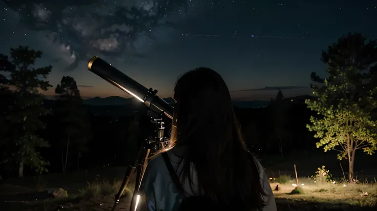 hiper realista,hands holding telescope while looking at the stars