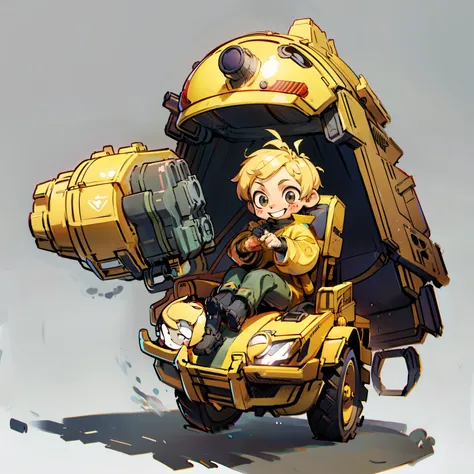 masutepiece, Best Quality, Full body shot, No background, White background, Mans, Chibi, Lil Bulldozer, Gray and yellow, Baby, machine-boy, Boy, Smile,  helmets, Work clothes, globe, long boots,