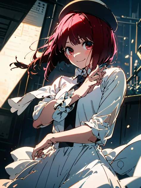 (highest quality、masterpiece、High resolution、detailed)、1 girl, alone, highest quality, masterpiece , Arima maybe,  hair ornaments, shining eyes, cute, (embarrassed:1.2), (dress:1.4), (concert 1), on the stage,sing、smile、hat