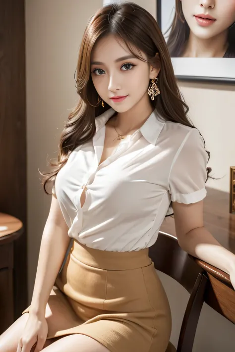 (Extreme) detailed 8k wallpaper, table top, highest quality: 1.2), high detail, best image quality, Beautiful girl in an unbuttoned white shirt、sit on a chair, long curly hair, blonde, , full body, perfect body beauty, slim waist, big ass, big ass, Thin an...