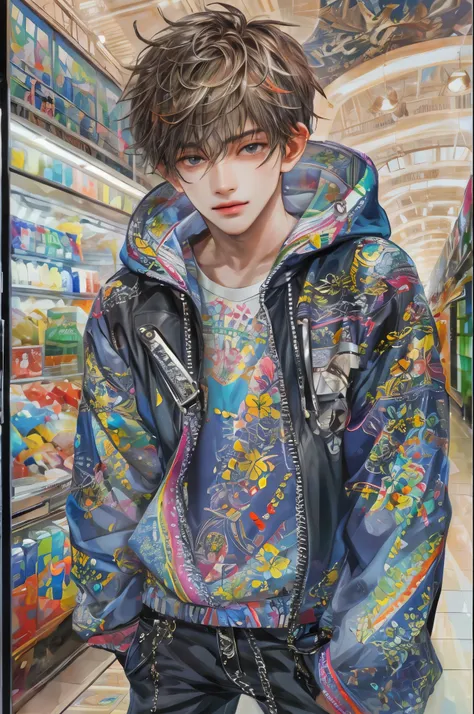 (masterpiece, top quality, best quality, official art, beautiful and aesthetic:1.2), boy, handsome, extreme detailed faces, a boy in sporty clothes, colorful, highest quality detailed, (perfect face), shiny skin, HDR, detailed surroundings, inside a shoppi...