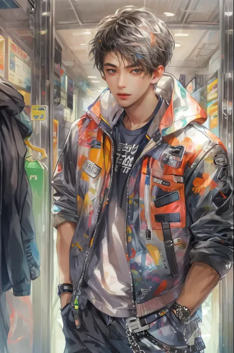 (masterpiece, top quality, best quality, official art, beautiful and aesthetic:1.2), boy, handsome, extreme detailed faces, a boy in sporty clothes, colorful, highest quality detailed, (perfect face), shiny skin, HDR, detailed surroundings, inside a shoppi...