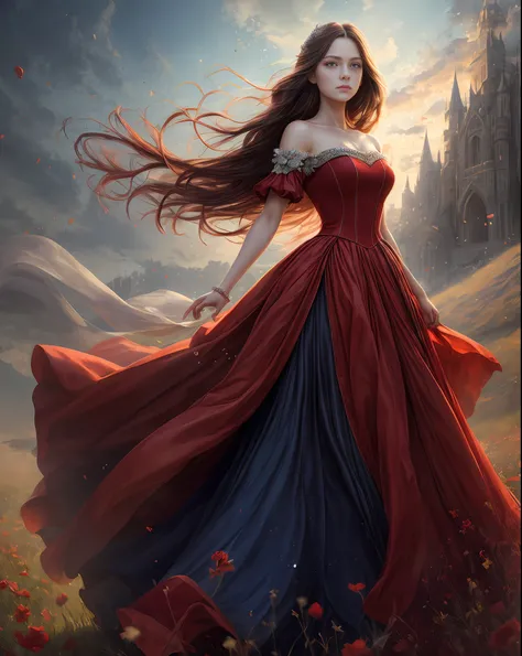 (best quality, masterpiece), young woman, medieval princess red dress, pose, particle, wind, flower, upper body, sunny morning background, looking at viewer, long straight windblown black hair, detailded blue eyes, galaxy, backlit, rimlight, beautiful artw...