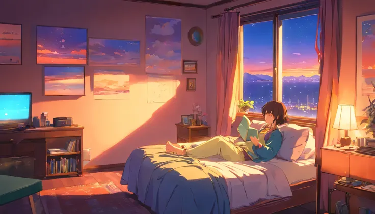 lying on the bed in my room、European hippie girl listening to music on headphones and reading a book, dream, please wear headphones, night light, analog color theme, lo-fi hip hop , retrospective, flat, 2.5D ,Draw a line, ink painting, Osaka road, watercol...