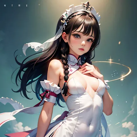 Lin Mingmei, 1 girl, alone, full body shot, Braid, looking at the viewer, dress, long hair, traditional media, sign, bangs, compensate, Put your own hands together, black hair, Upper body, lipstick, drill hair, artist name, twin Braids, bridal gauntlet, No...