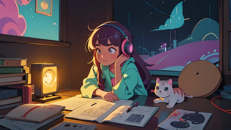 European Hippie kawaii girl and cat meditating in her room, dreaming, Wear headphones, night lights, Neon landscape on a rainy day, Analog Color Theme, Lo-Fi Hip Hop , retrospective, flat, 2.5D ,Draw a line, Ink Drawing, Large slope, Watercolor painting, G...