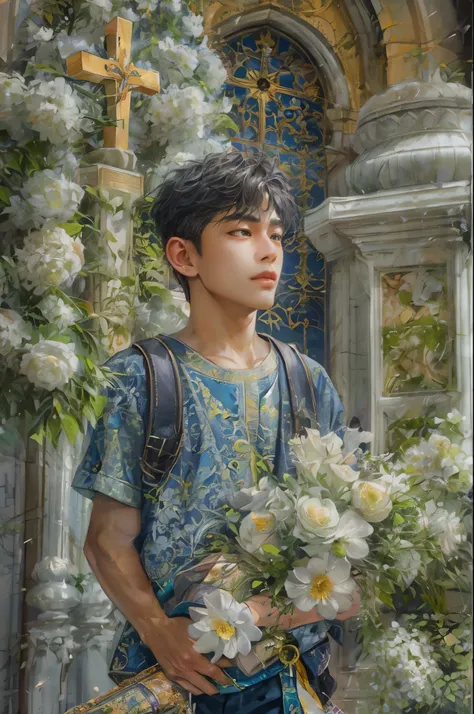 (masterpiece, top quality, best quality, official art, beautiful and aesthetic:1.2), boy, handsome, extreme detailed faces, boy carrying large cross during lenten season in the Philippines, colorful, highest detailed, (perfect face), shiny skin, HDR, detai...