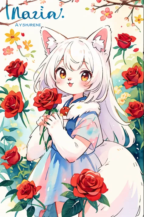 cover page, marriage information magazine, Watercolor elements, 1girl, kemono, furry, detailed body fur, animal face, animal hand, cute girl holding a red rose and looking at viewer,