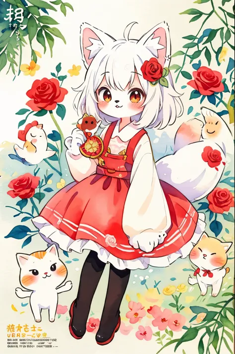 cover page, marriage information magazine, Watercolor elements, 1girl, kemono, furry, detailed body fur, animal face, animal hand, cute girl holding a red rose and looking at viewer,