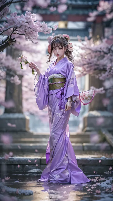 (RAW shooting, Photoreal:1.5, 8K, highest quality, masterpiece, ultra high resolution), ((((powder snow, Cherry blossom trees))), Highly detailed skin and facial textures:1.3, perfect dynamic composition:1.2, (In front of a shrine at night in a modern city...